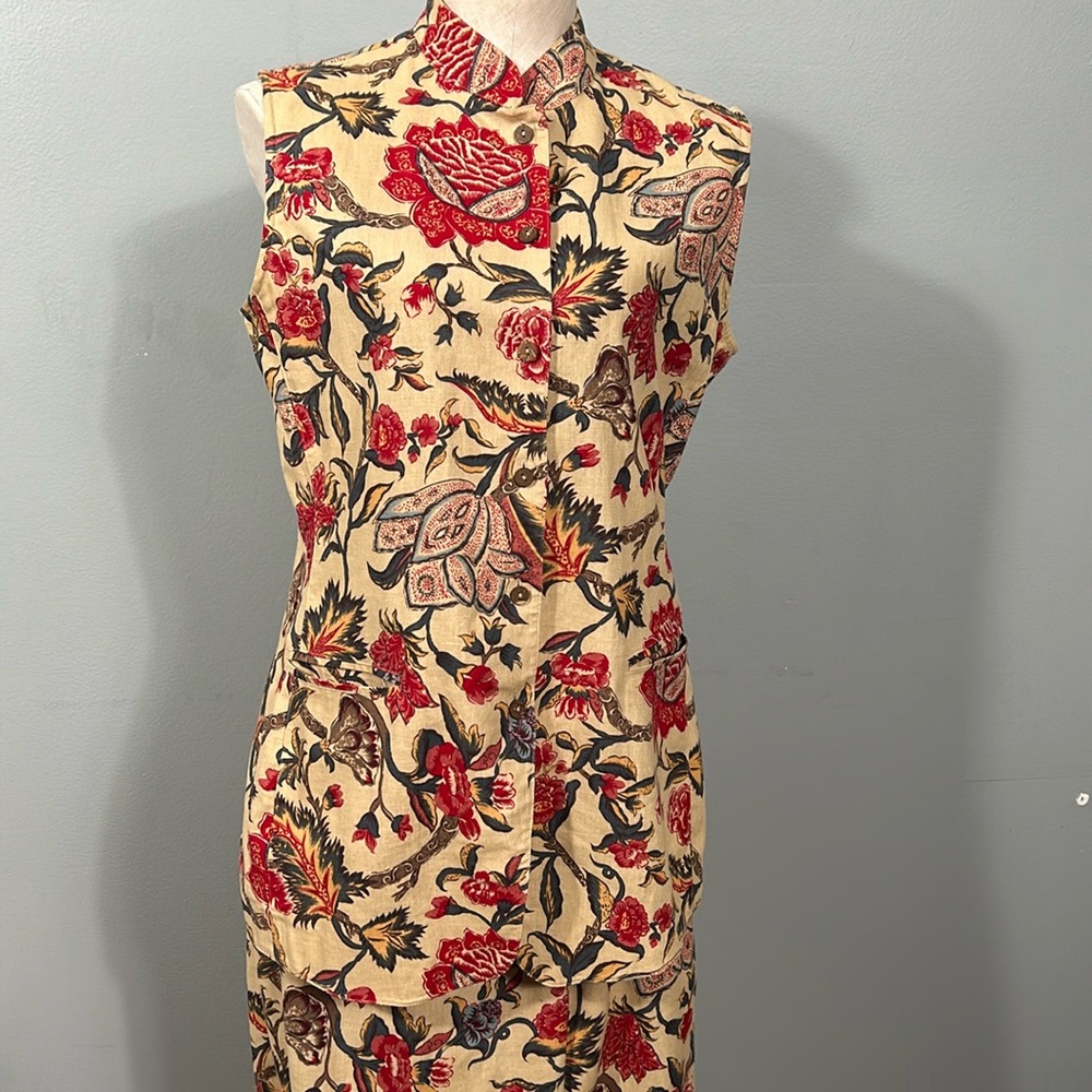 Vintage Susan Bristol Linen Floral Sleeveless skirt set Asian inspired style 8